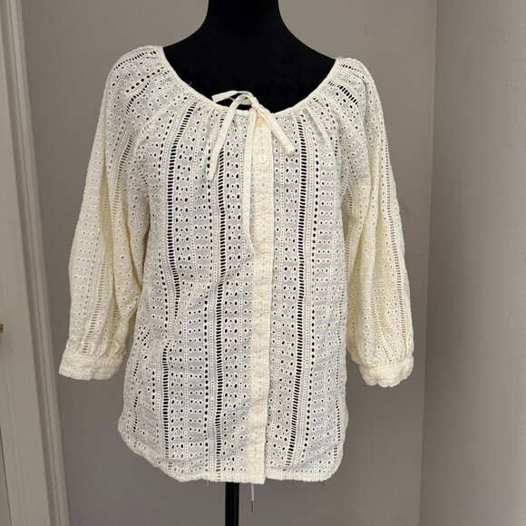 Joie White Eyelet Peasant Milk Maid Blouse M Puff Sleeves Drawstring Button Up - Picture 1 of 9